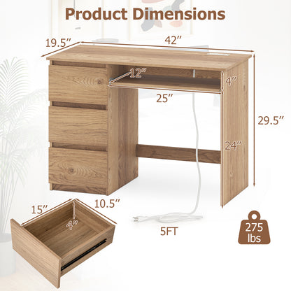 Computer Desk with Power Outlet Keyboard Tray and 3 Large Drawers, Natural Computer Desks at Gallery Canada