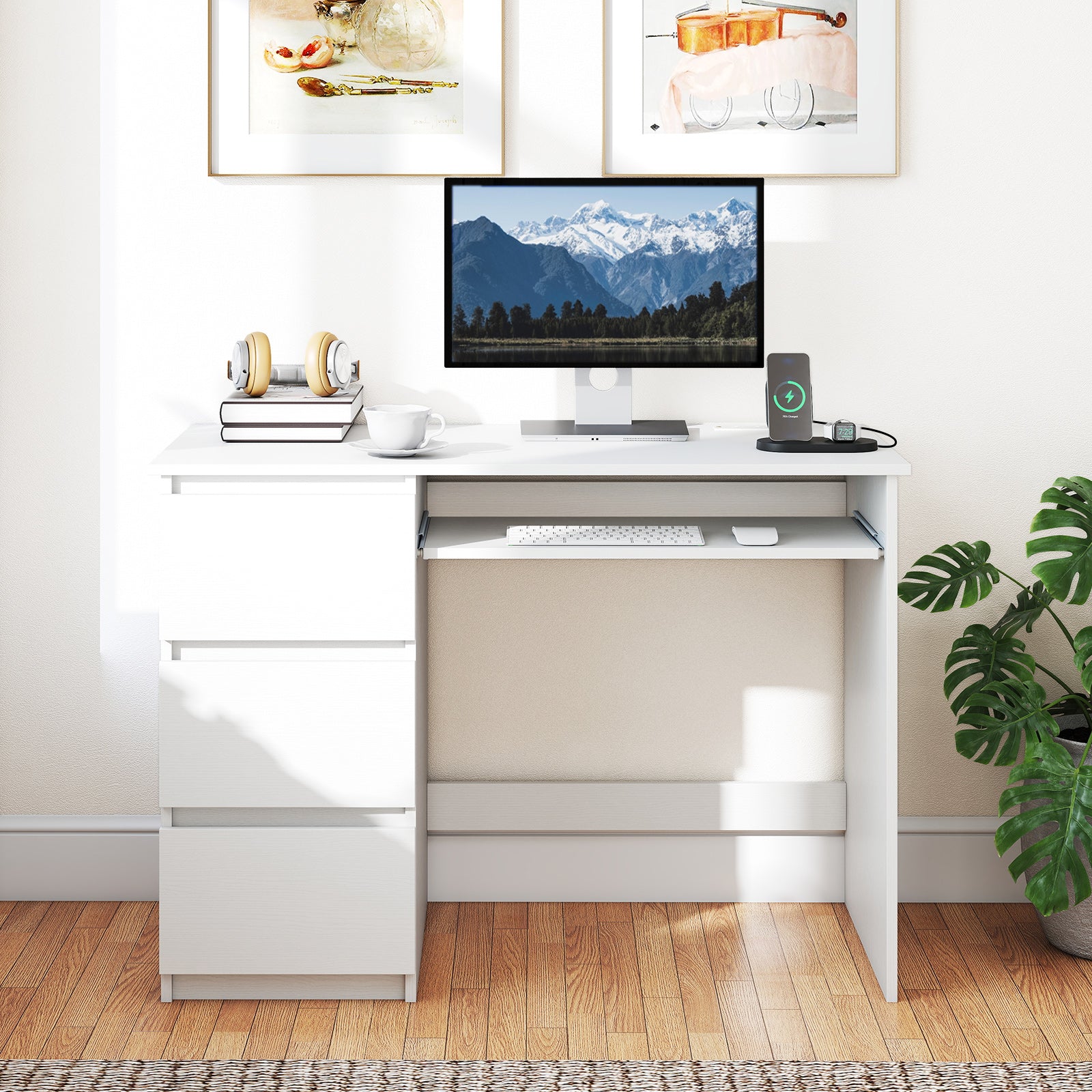 Computer Desk with Power Outlet Keyboard Tray and 3 Large Drawers, White Computer Desks at Gallery Canada