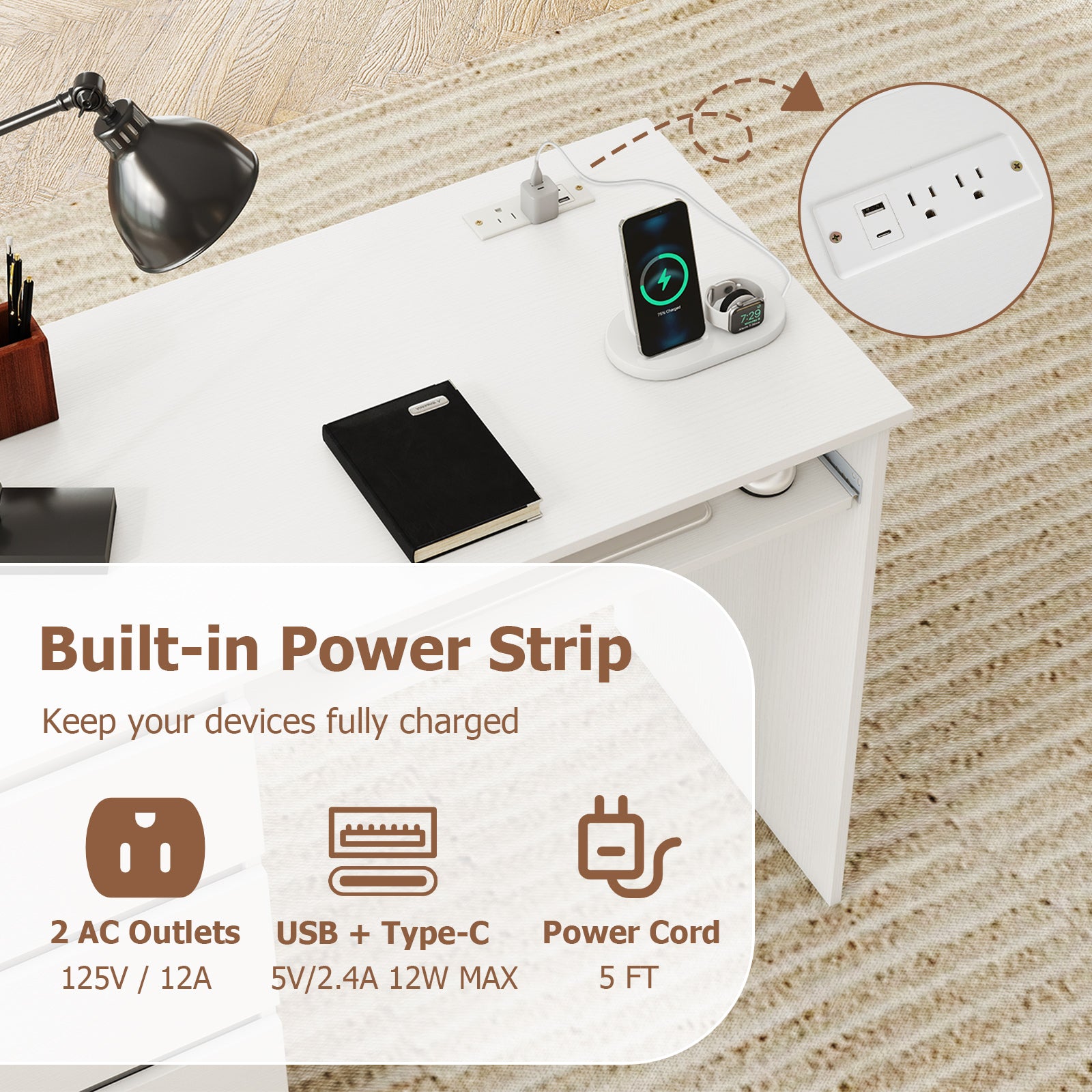Computer Desk with Power Outlet Keyboard Tray and 3 Large Drawers, White Computer Desks at Gallery Canada