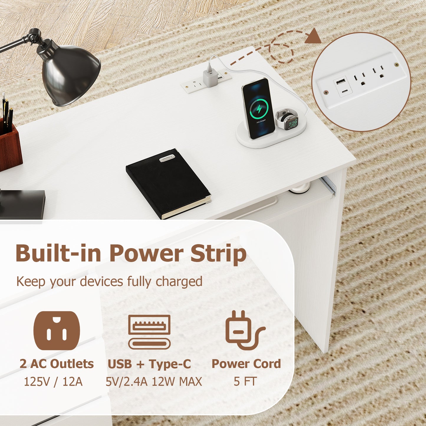 Computer Desk with Power Outlet Keyboard Tray and 3 Large Drawers, White Computer Desks at Gallery Canada