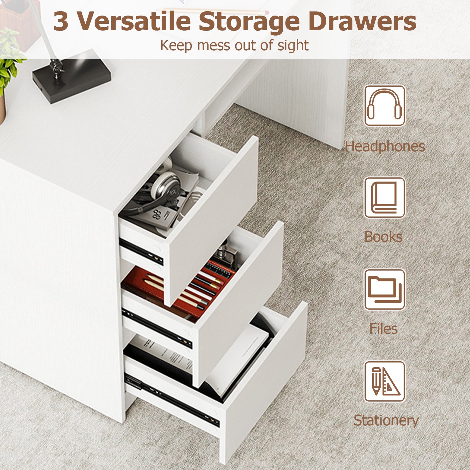 Computer Desk with Power Outlet Keyboard Tray and 3 Large Drawers, White Computer Desks at Gallery Canada