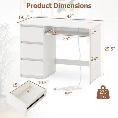 Computer Desk with Power Outlet Keyboard Tray and 3 Large Drawers, White Computer Desks at Gallery Canada