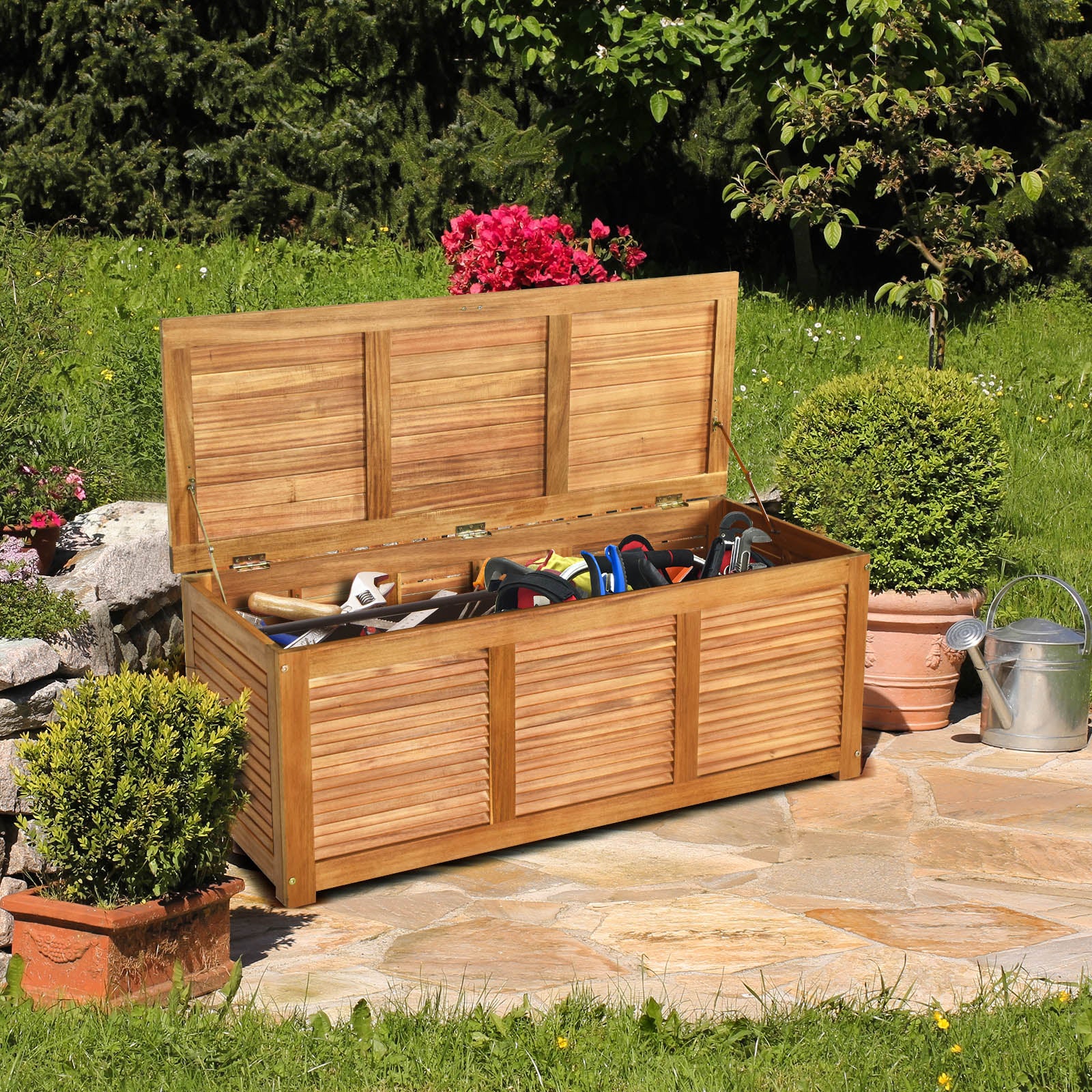 46 Gallon Acacia Wood Storage Bench Box for Patio Garden Deck, Natural Sheds & Outdoor Storage at Gallery Canada