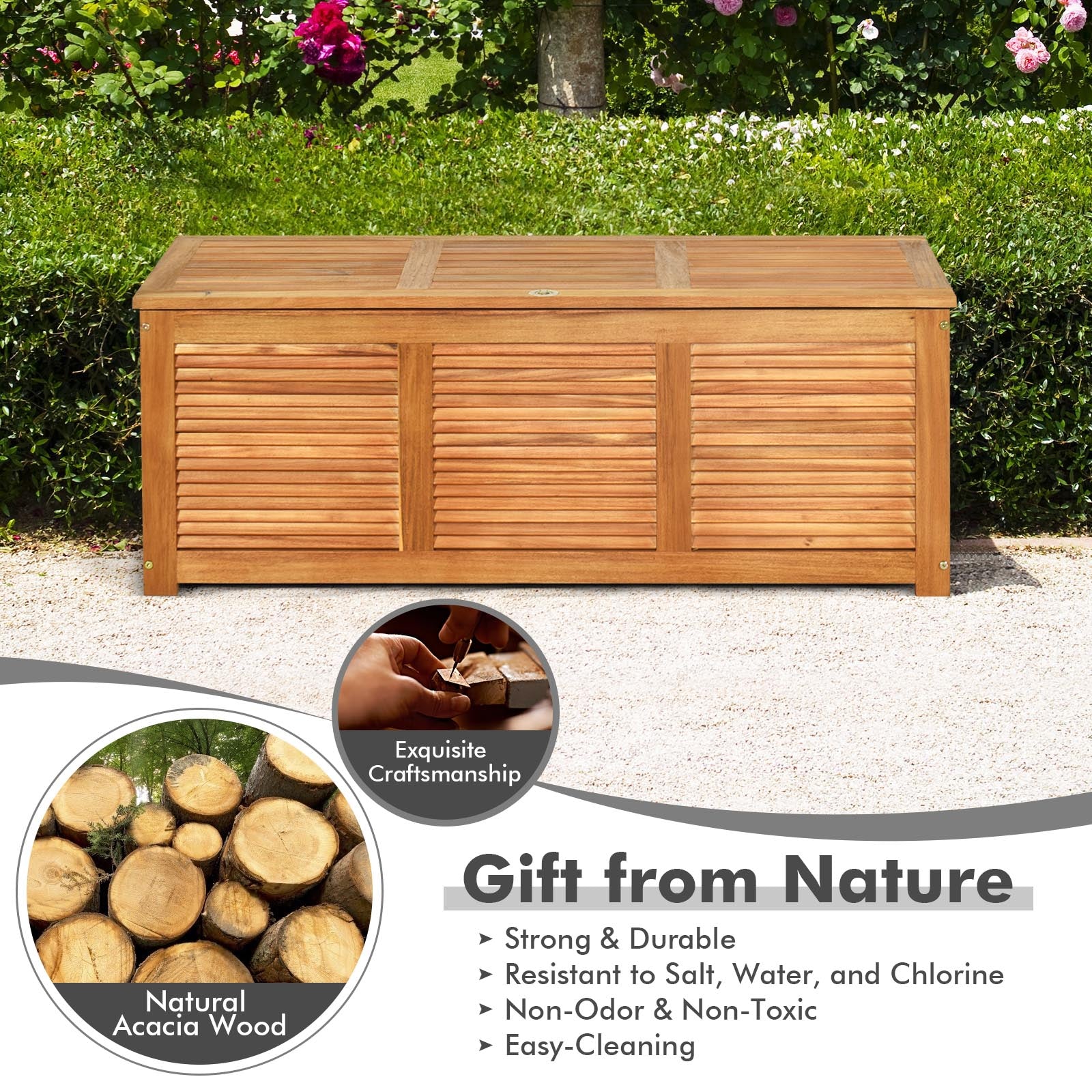 46 Gallon Acacia Wood Storage Bench Box for Patio Garden Deck, Natural Sheds & Outdoor Storage at Gallery Canada
