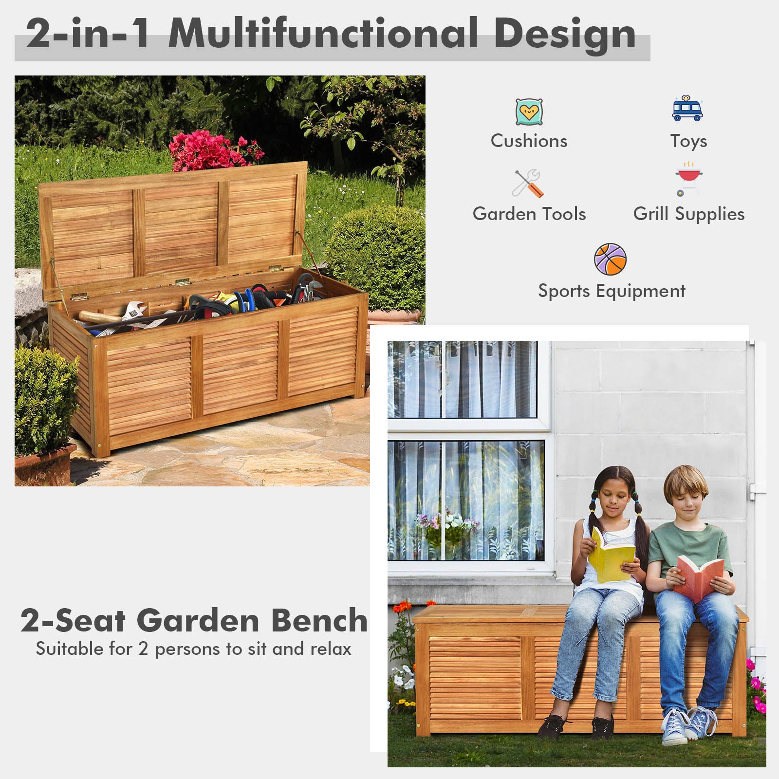 46 Gallon Acacia Wood Storage Bench Box for Patio Garden Deck, Natural Sheds & Outdoor Storage at Gallery Canada