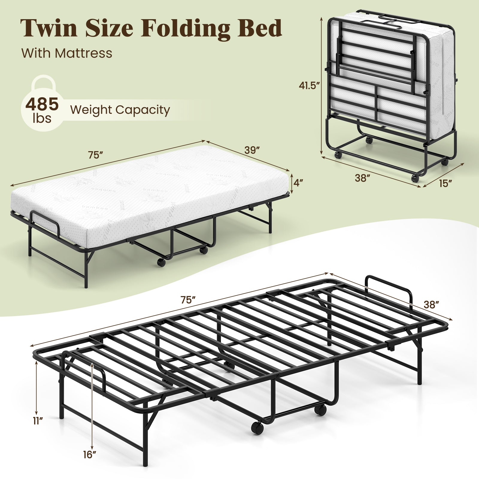 75 x 38 Inch Folding Bed with Mattress Twin Size Rolling Guest Bed Folding Beds at Gallery Canada
