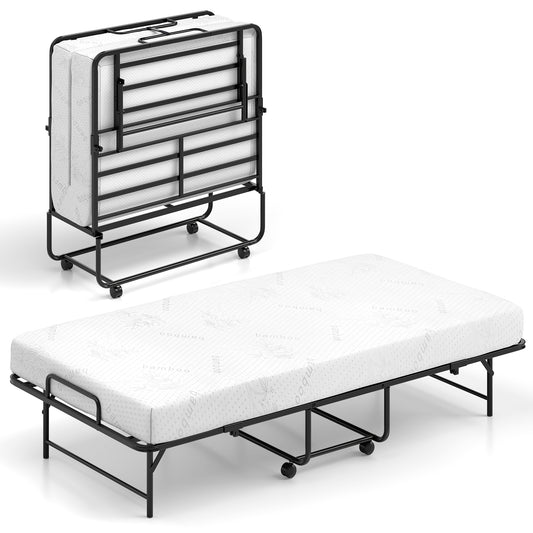 75 x 38 Inch Twin Size Folding Bed With Mattress, Rolling Guest Bed