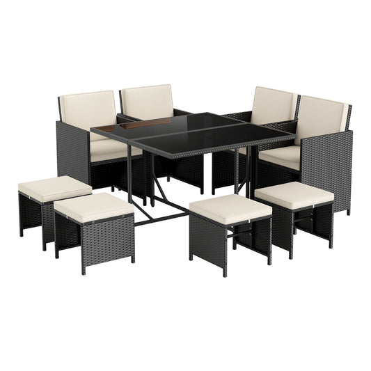 9 Piece Patio Dining Set, Tempered Glass Table, Ottoman, White Patio Conversation Sets White at Gallery Canada