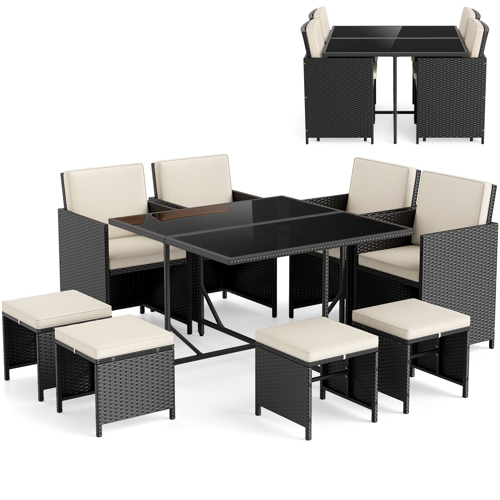 9 Piece Patio Dining Set with Tempered Glass Table and Ottoman, White Patio Conversation Sets at Gallery Canada