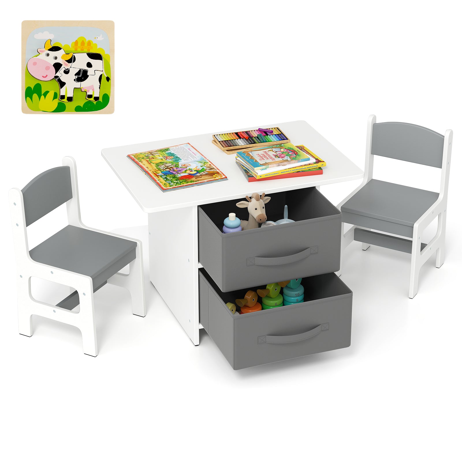 Kids Table and 2 Chairs Set Removable Storage Drawers, Gray & White Kids Table & Chair Sets at Gallery Canada