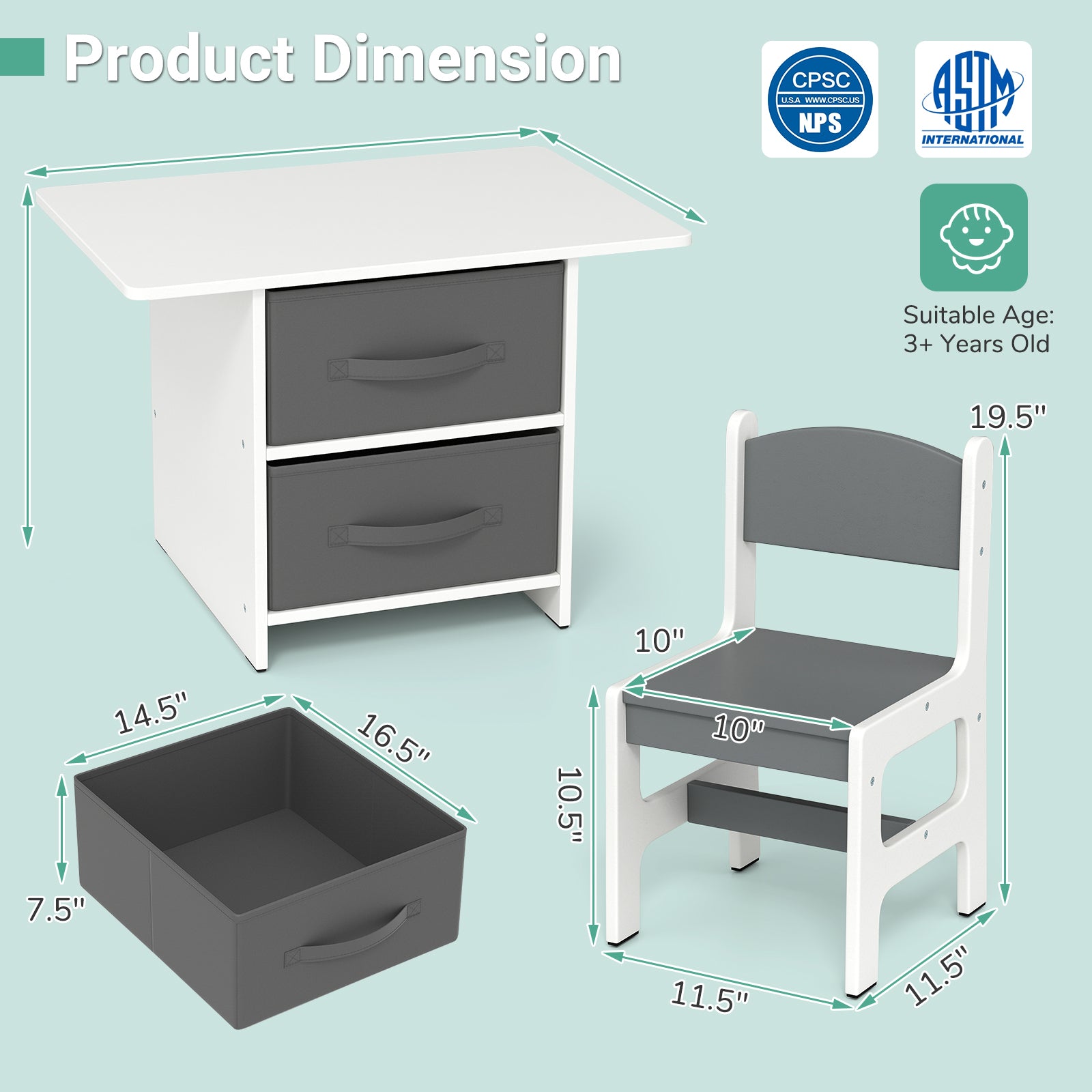 Kids Table and 2 Chairs Set Removable Storage Drawers, Gray & White Kids Table & Chair Sets at Gallery Canada