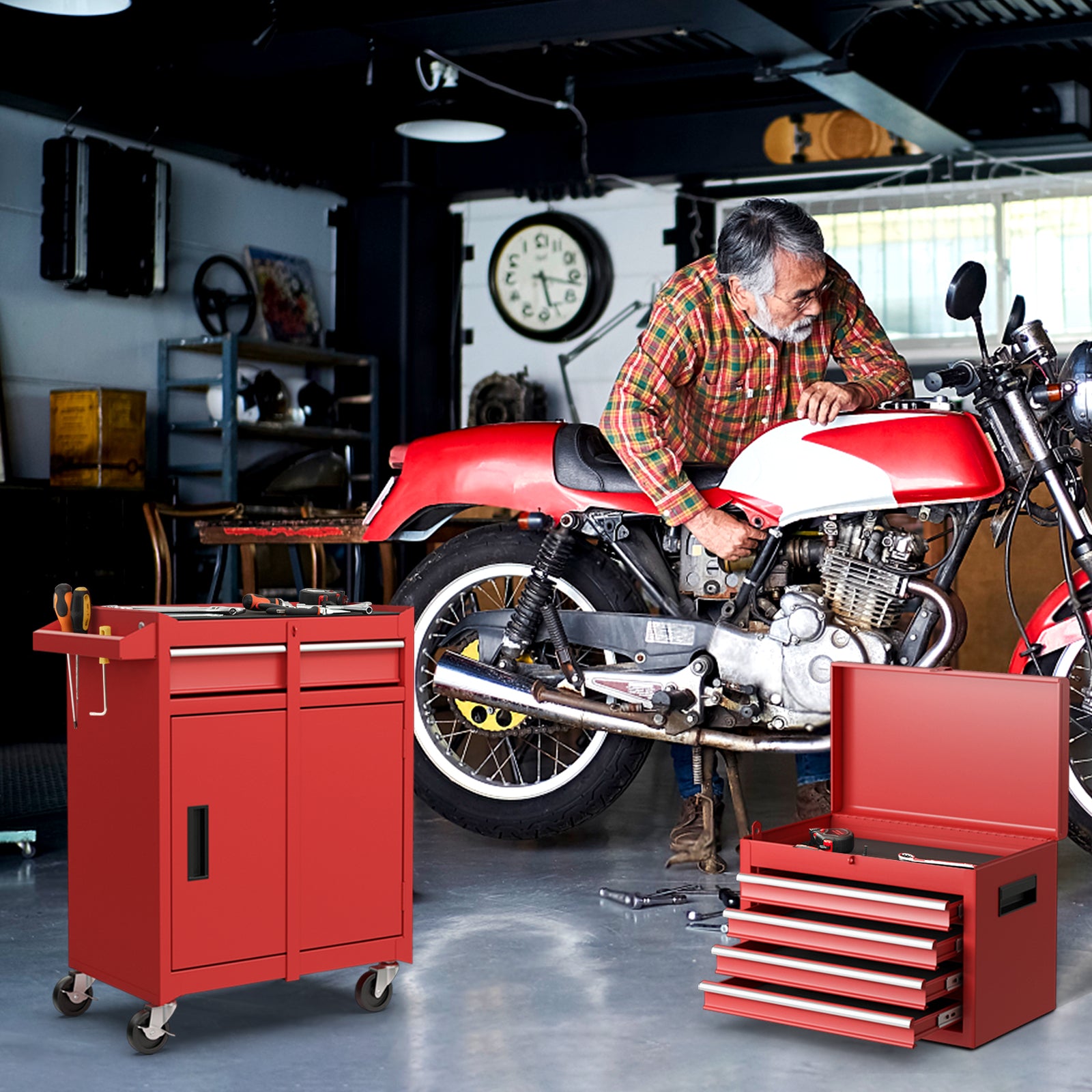 2-in-1 Tool Chest and Cabinet with 5 Sliding Drawers, Red Garages at Gallery Canada