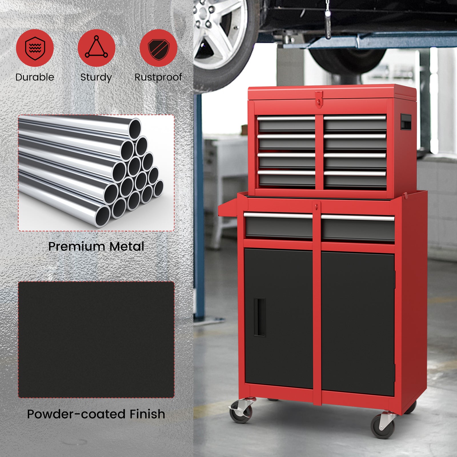 2-in-1 Tool Chest and Cabinet with 5 Sliding Drawers, Black & Red Garages at Gallery Canada