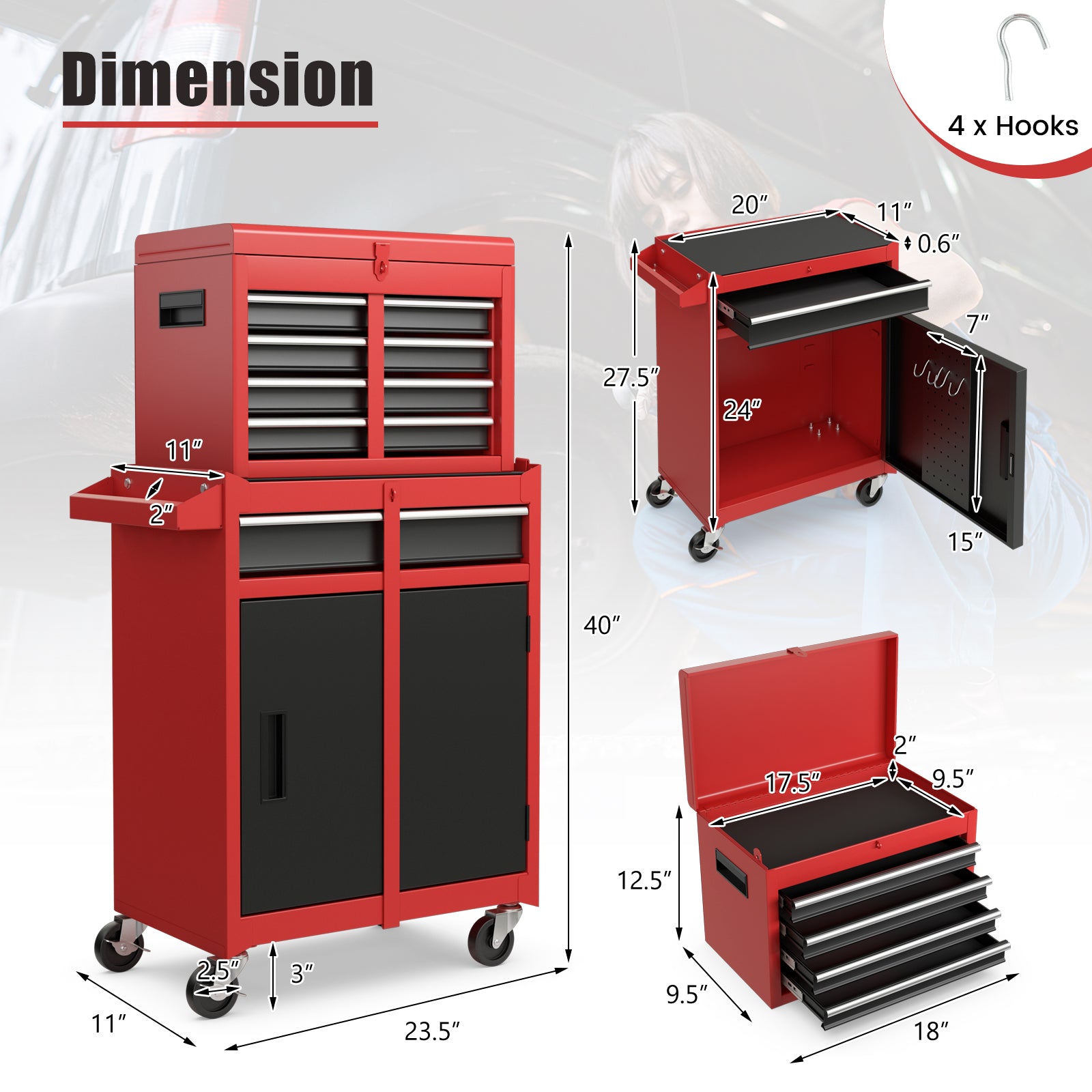 2-in-1 Tool Chest and Cabinet with 5 Sliding Drawers, Black & Red Garages at Gallery Canada
