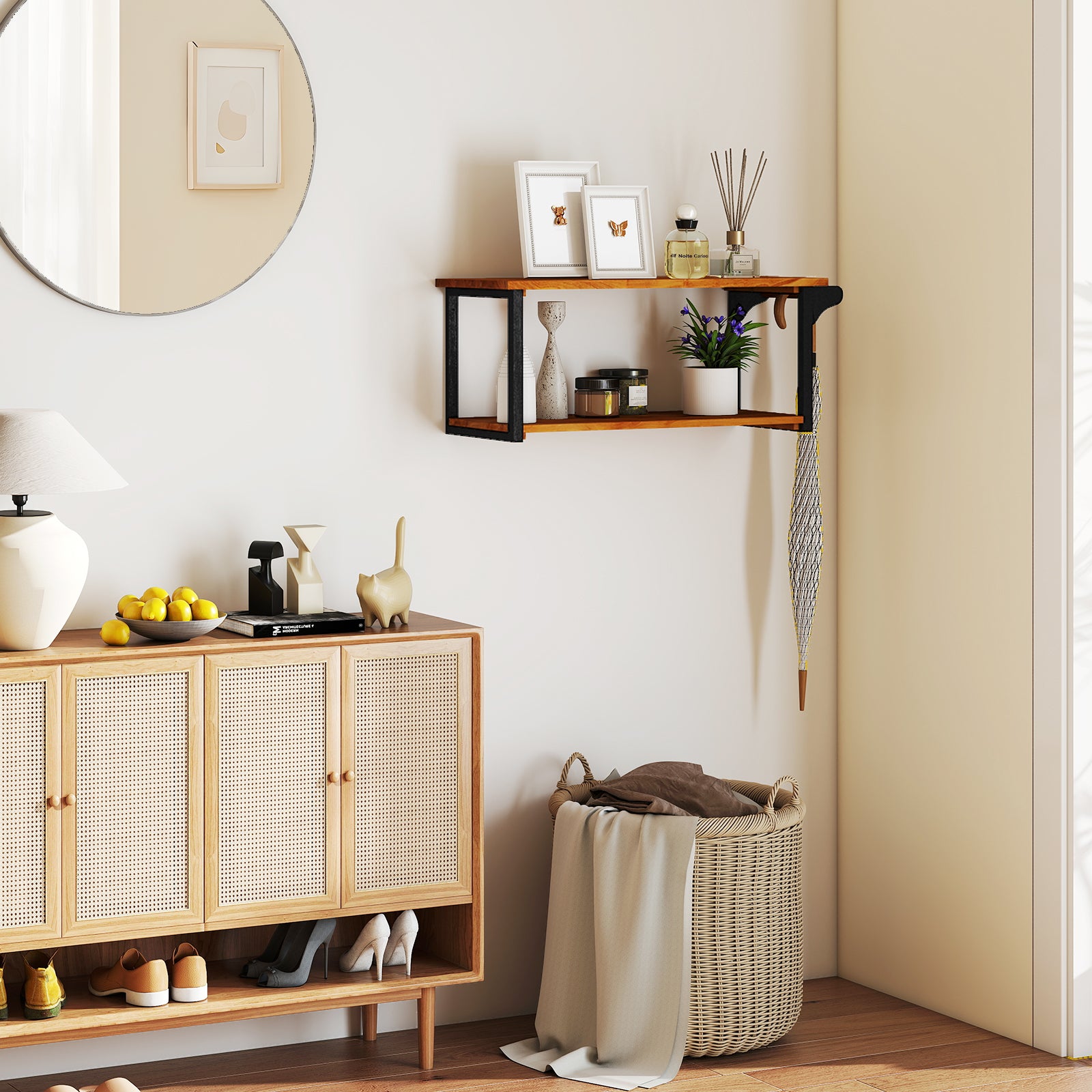 Teak Wood Wall Mounted Floating Shelves with Towel Bar, Natural Wall Cabinets at Gallery Canada