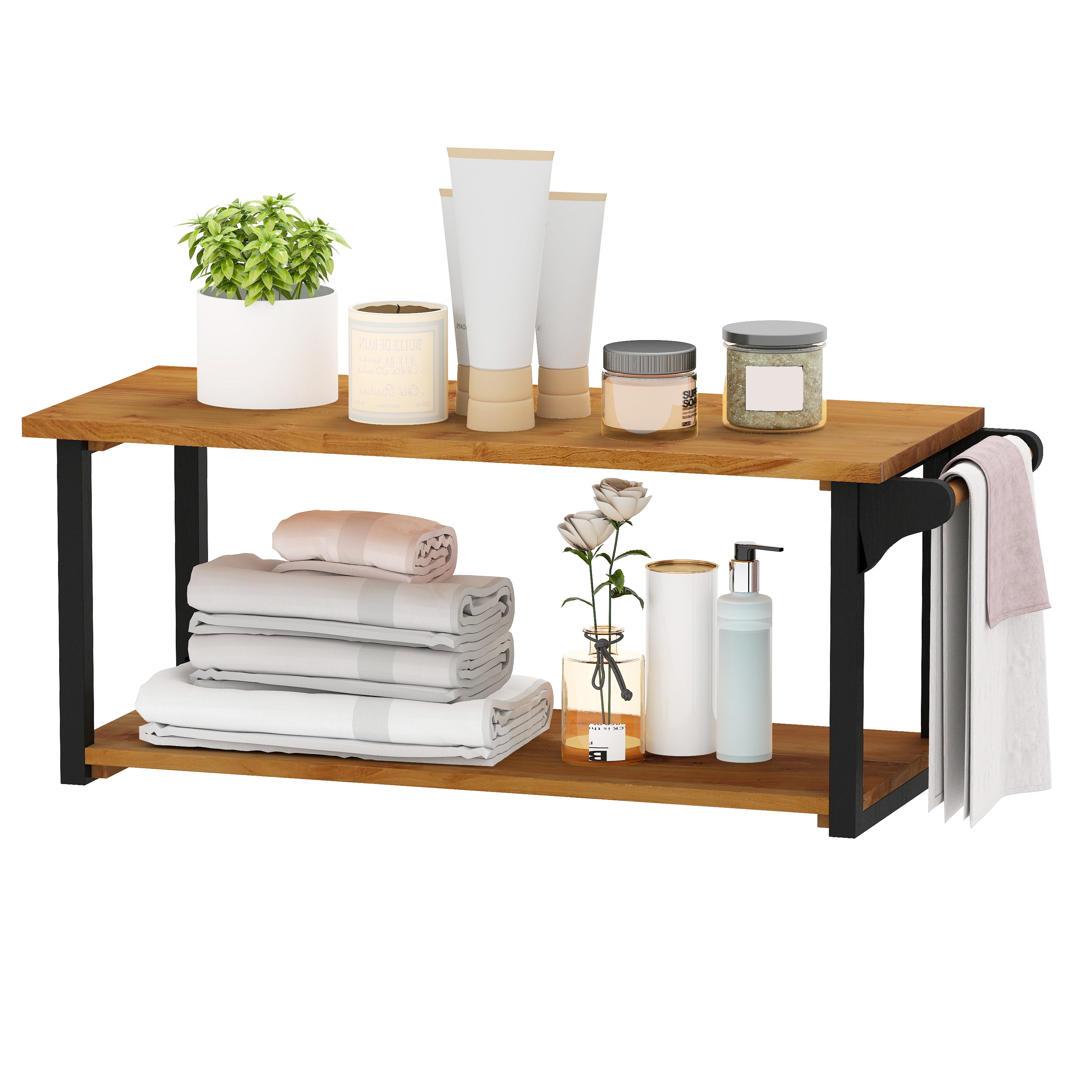 Teak Wood Wall Mounted Floating Shelves with Towel Bar, Natural Wall Cabinets Natural at Gallery Canada