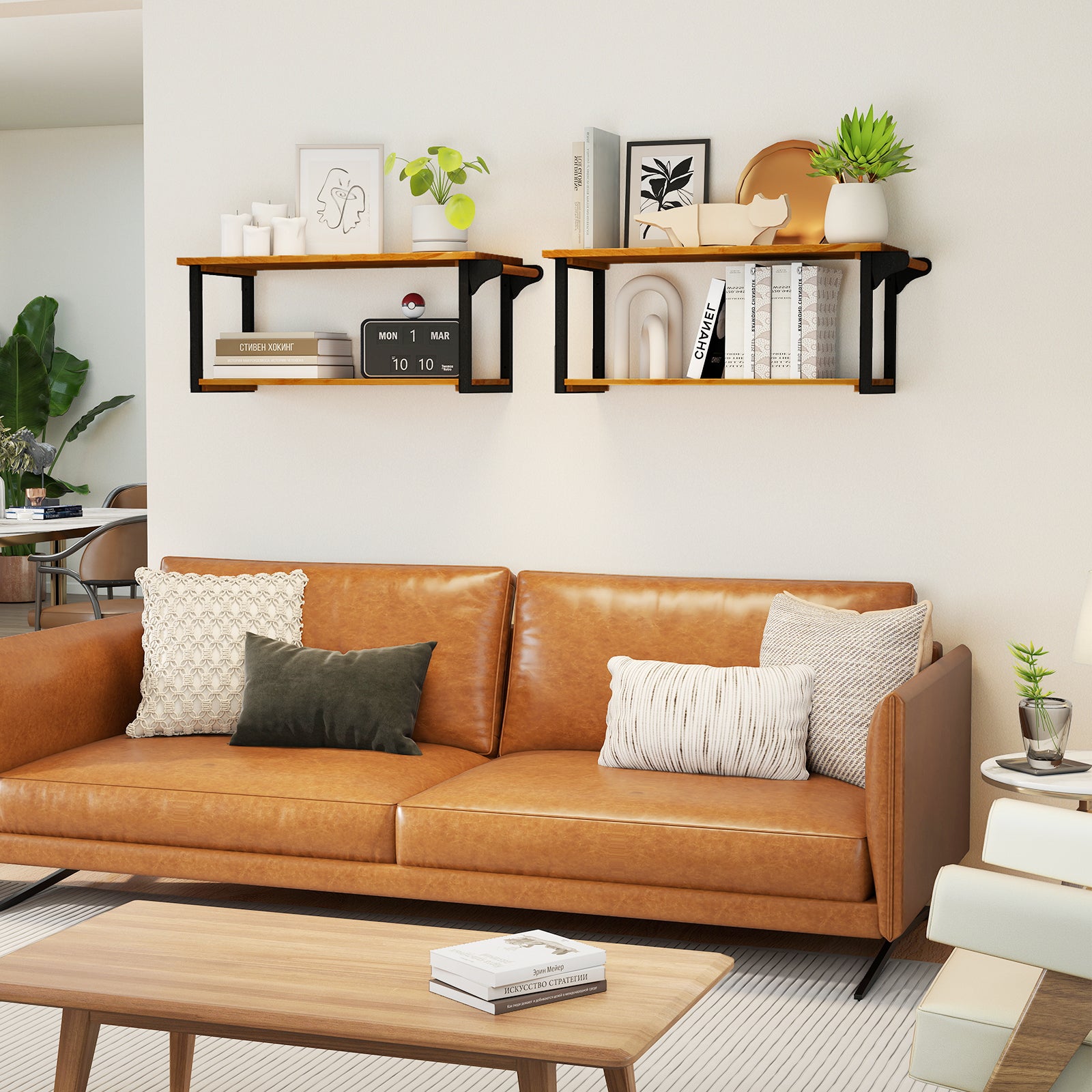 Teak Wood Wall Mounted Floating Shelves with Towel Bar, Natural Wall Cabinets at Gallery Canada