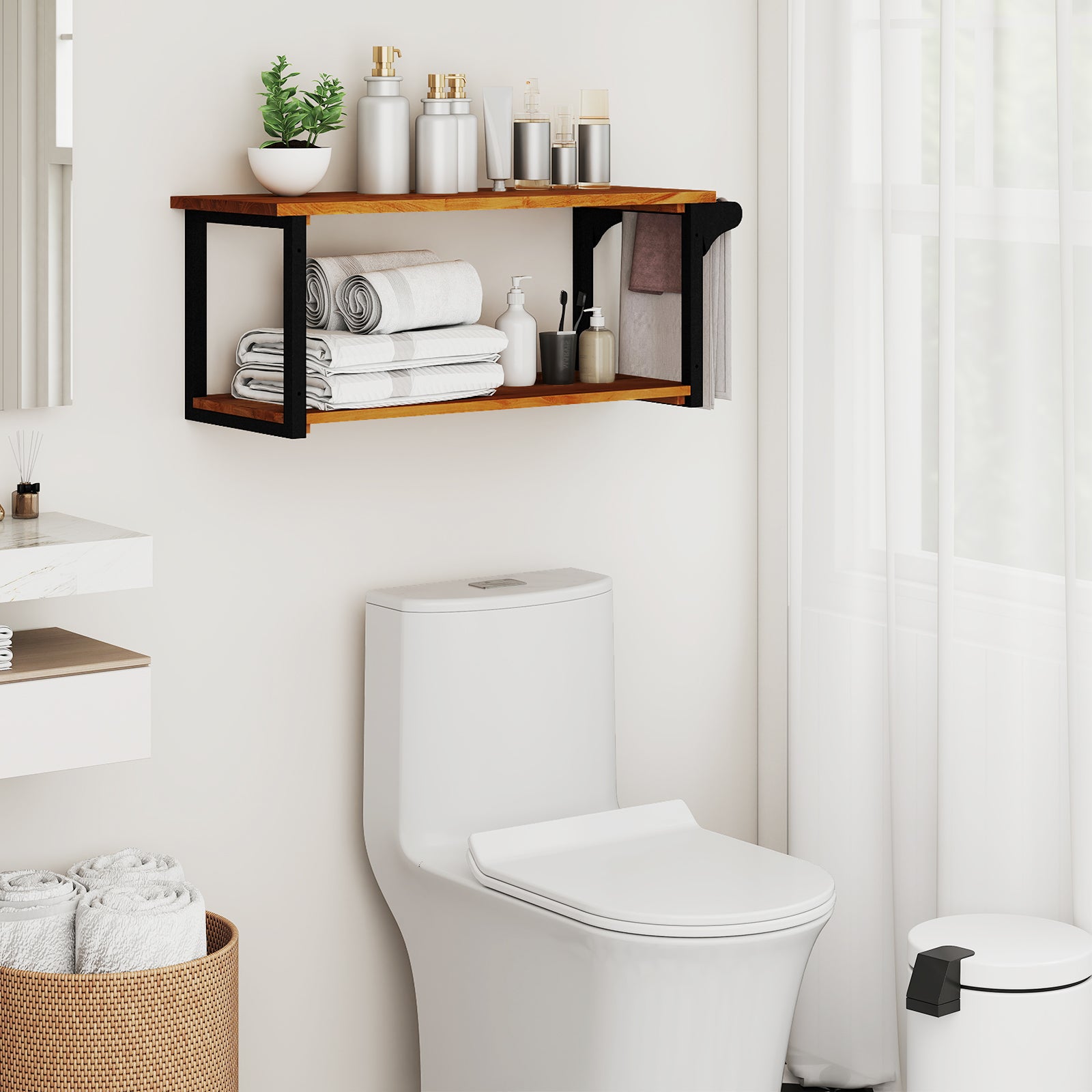 Teak Wood Wall Mounted Floating Shelves with Towel Bar, Natural Wall Cabinets at Gallery Canada