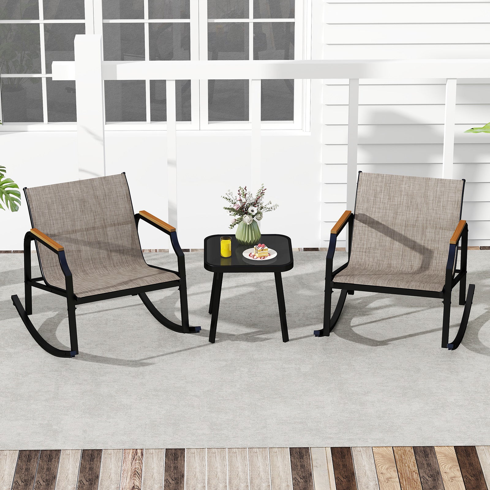 3 Piece Patio Rocking Bistro Set with Tempered Glass Coffee Table and Armrests for Porch, Brown Patio Conversation Sets at Gallery Canada