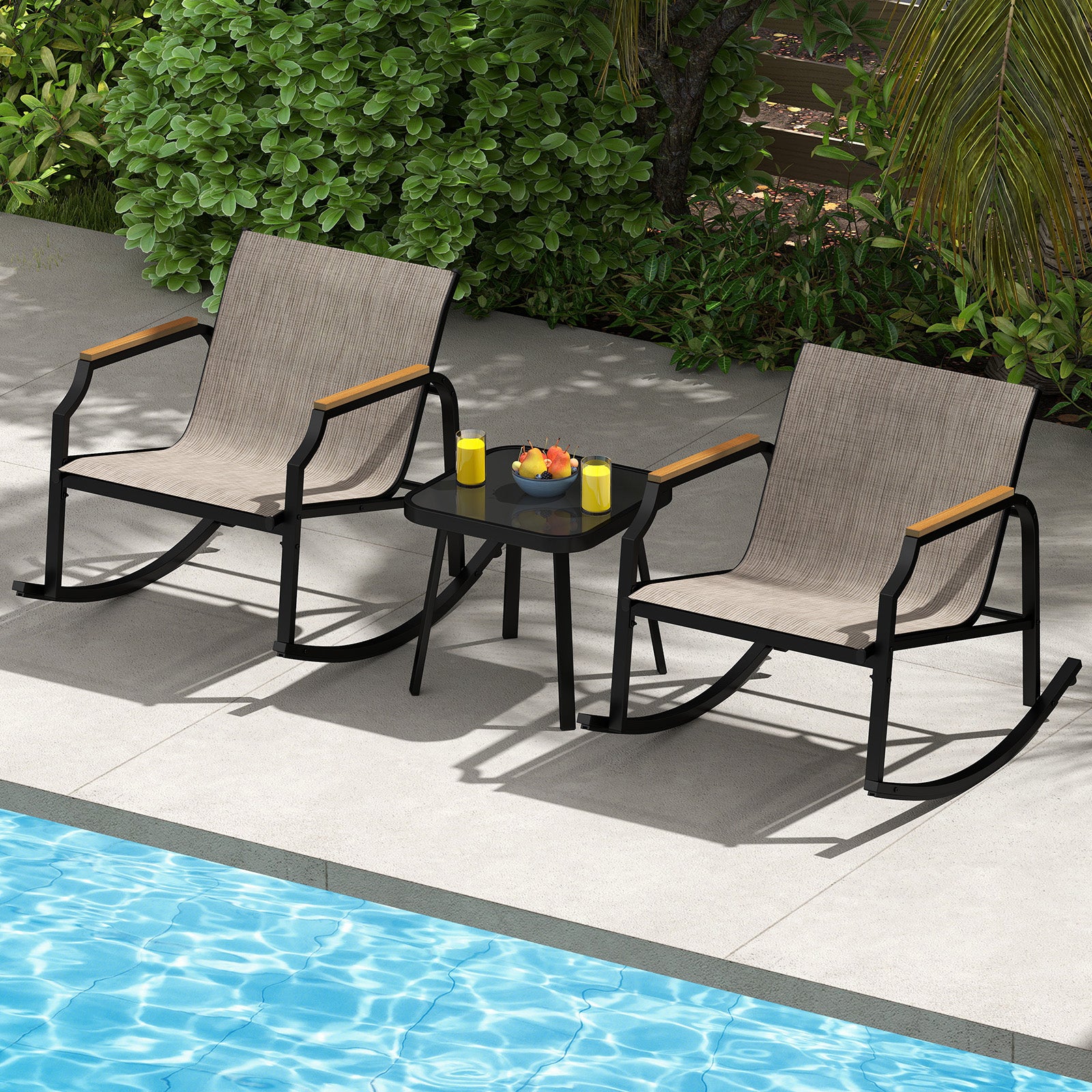 3 Piece Patio Rocking Bistro Set with Tempered Glass Coffee Table and Armrests for Porch, Brown Patio Conversation Sets at Gallery Canada