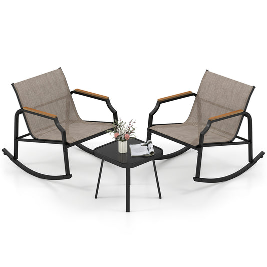 3 Piece Patio Rocking Bistro Set, Tempered Glass Coffee Table, Brown Patio Conversation Sets Brown at Gallery Canada