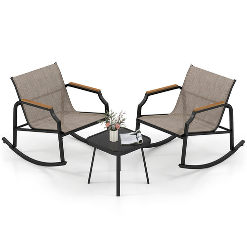 3 Piece Patio Rocking Bistro Set with Tempered Glass Coffee Table and Armrests for Porch, Brown