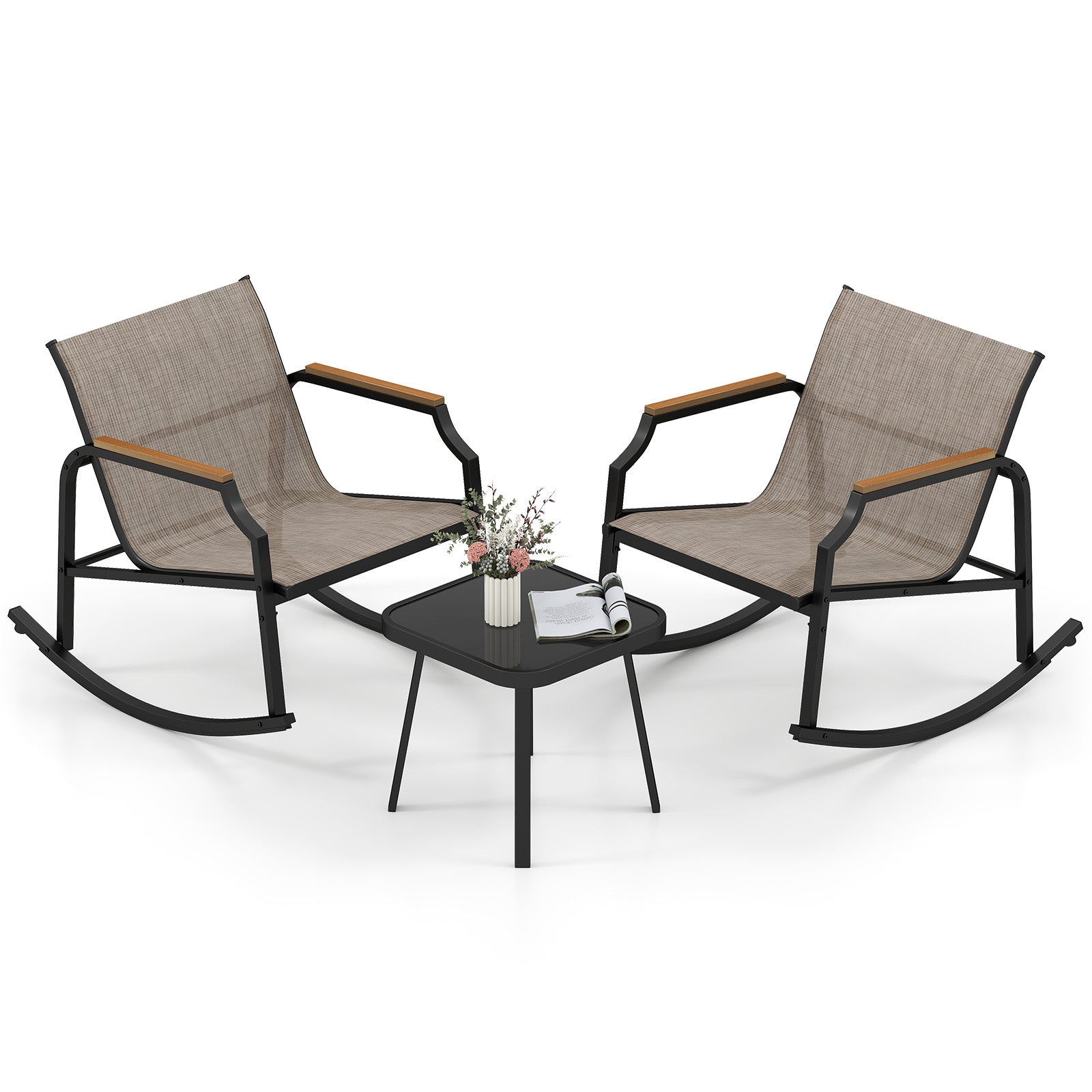 3 Piece Patio Rocking Bistro Set with Tempered Glass Coffee Table and Armrests for Porch, Brown Patio Conversation Sets at Gallery Canada