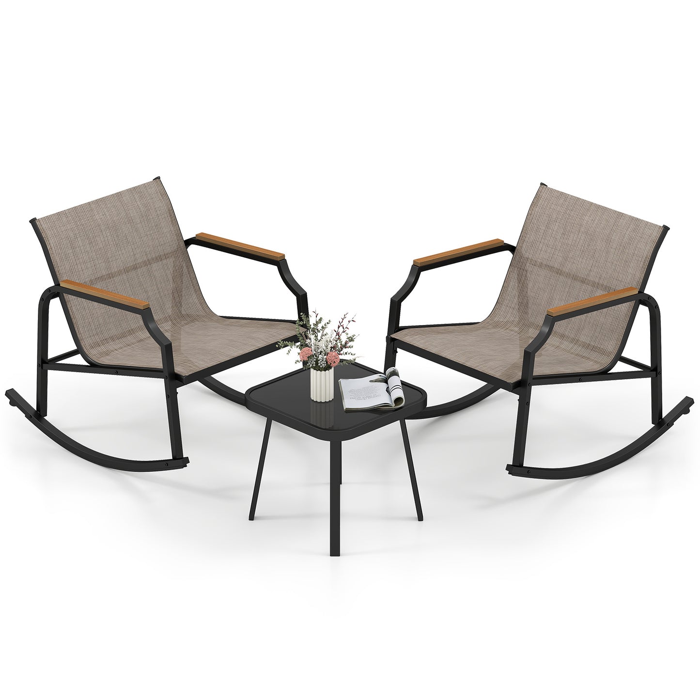 3 Piece Patio Rocking Bistro Set with Tempered Glass Coffee Table and Armrests for Porch, Brown Patio Conversation Sets at Gallery Canada