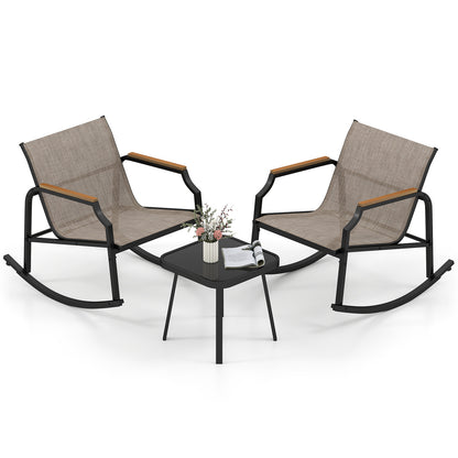 3 Piece Patio Rocking Bistro Set with Tempered Glass Coffee Table and Armrests for Porch, Brown Patio Conversation Sets at Gallery Canada