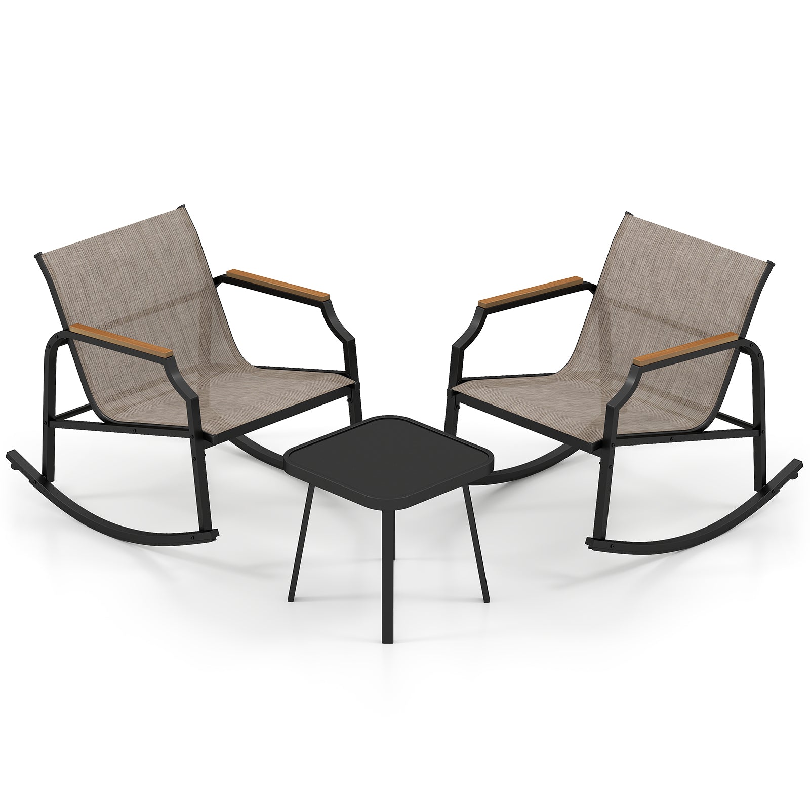 3 Piece Patio Rocking Bistro Set with Tempered Glass Coffee Table and Armrests for Porch, Brown Patio Conversation Sets at Gallery Canada