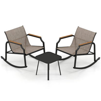 3 Piece Patio Rocking Bistro Set with Tempered Glass Coffee Table and Armrests for Porch, Brown Patio Conversation Sets at Gallery Canada