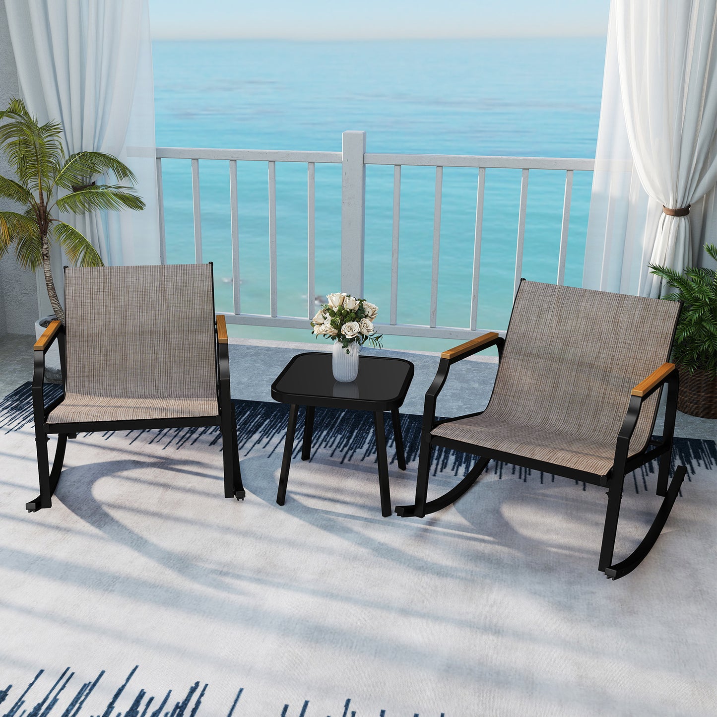 3 Piece Patio Rocking Bistro Set with Tempered Glass Coffee Table and Armrests for Porch, Brown Patio Conversation Sets at Gallery Canada