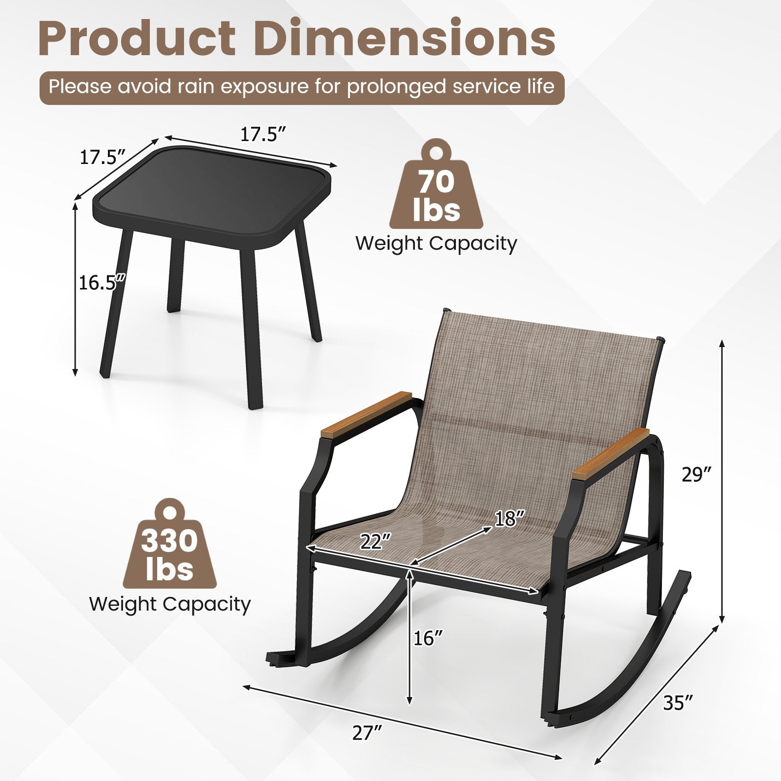 3 Piece Patio Rocking Bistro Set with Tempered Glass Coffee Table and Armrests for Porch, Brown Patio Conversation Sets at Gallery Canada