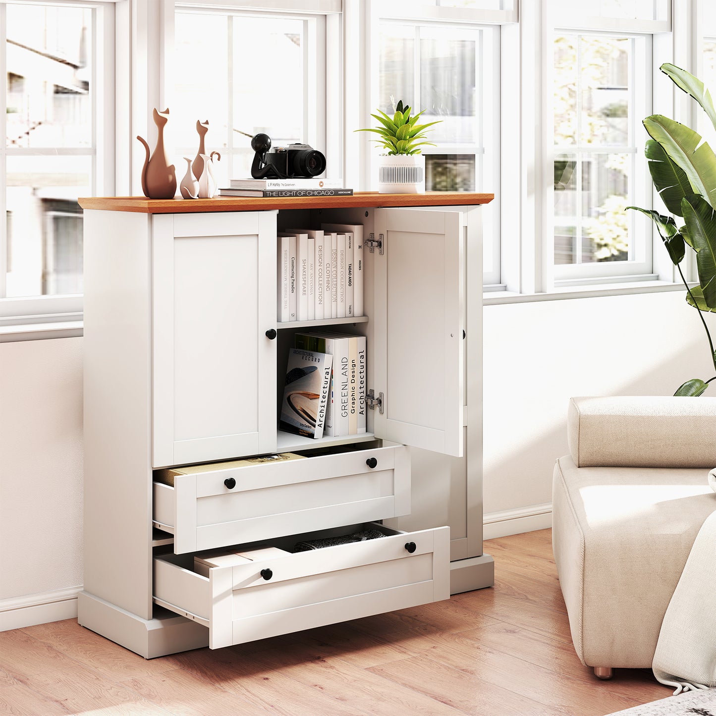 47.5 Inch Kitchen Freestanding Storage Cabinet with 3 Doors and 2 Large Drawers, White Sideboards Cabinets & Buffets at Gallery Canada