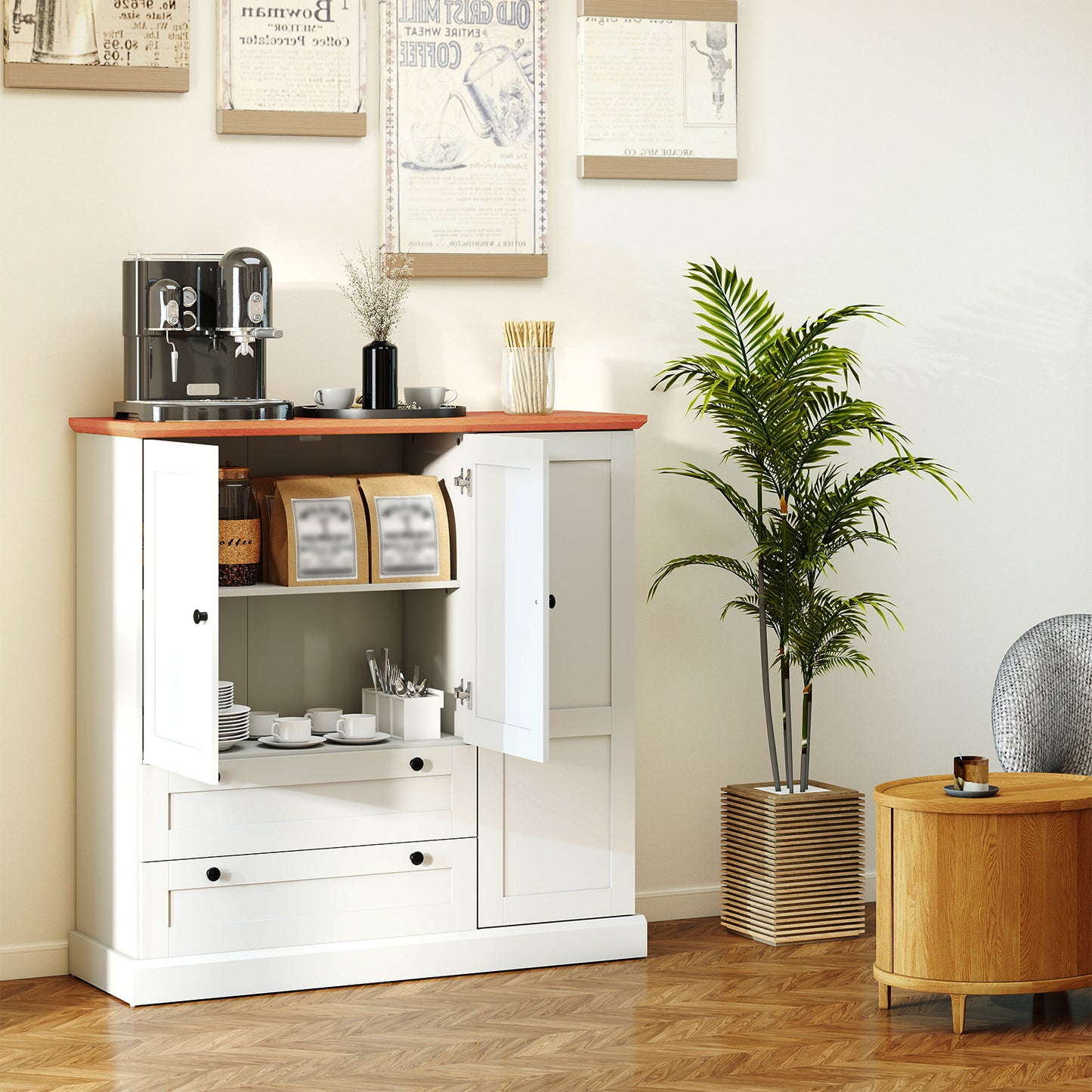47.5 Inch Kitchen Freestanding Storage Cabinet with 3 Doors and 2 Large Drawers, White Sideboards Cabinets & Buffets at Gallery Canada