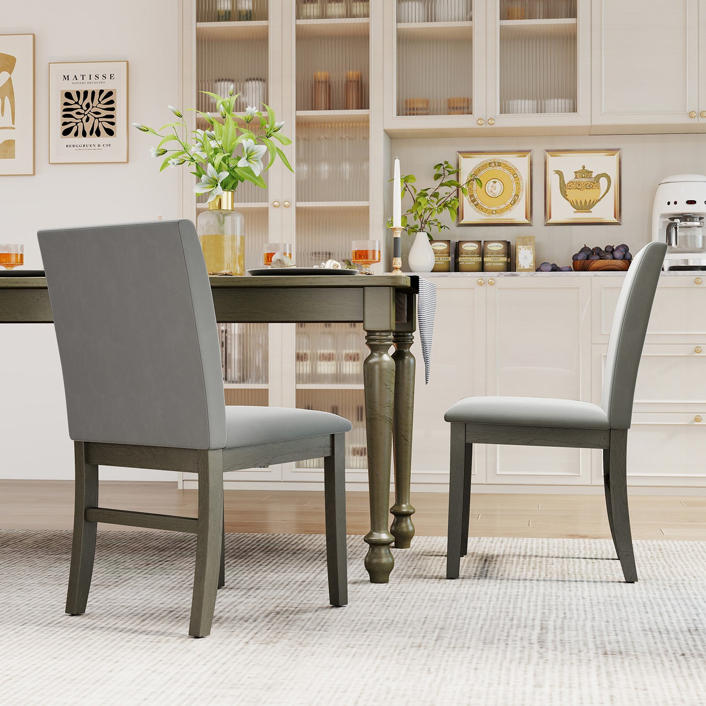 Upholstered Dining Chairs Set of 2 with Rubber Wood Legs and High Back, Gray Dining Chairs at Gallery Canada