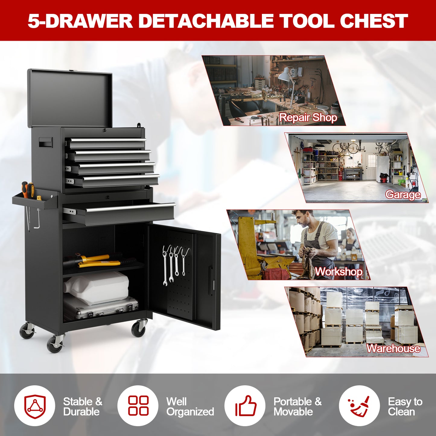 2-in-1 Tool Chest and Cabinet with 5 Sliding Drawers, Black Garages at Gallery Canada
