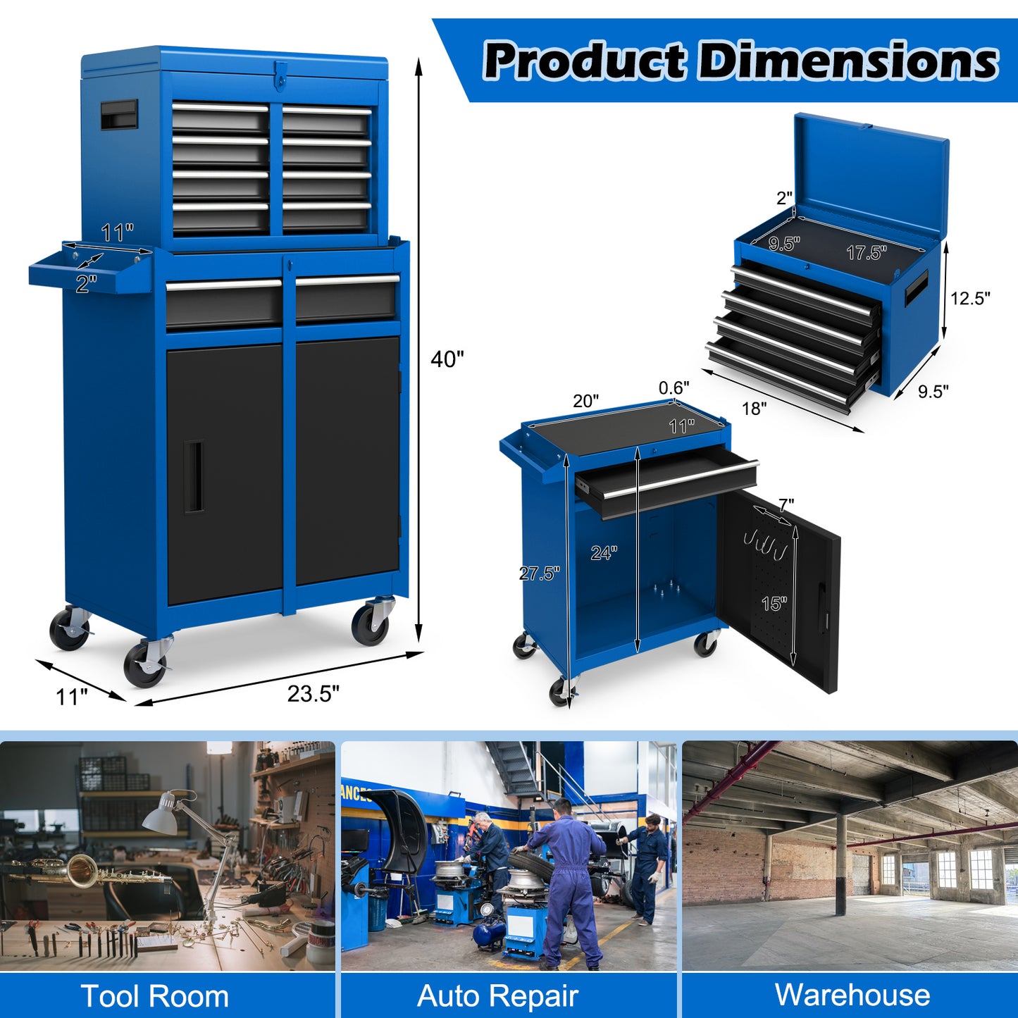 2-in-1 Rolling Tool Chest with 5 Sliding Lockable Drawers, Navy Garages at Gallery Canada