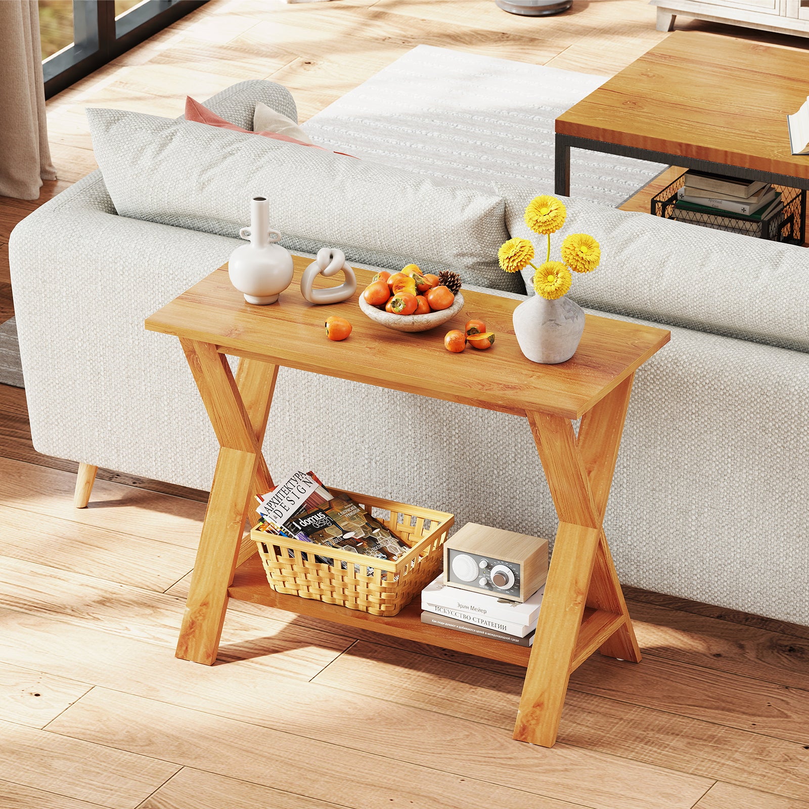 35 Inch Solid Teak Wood Console Table with Storage Shelf, Teak Floor Cabinets at Gallery Canada