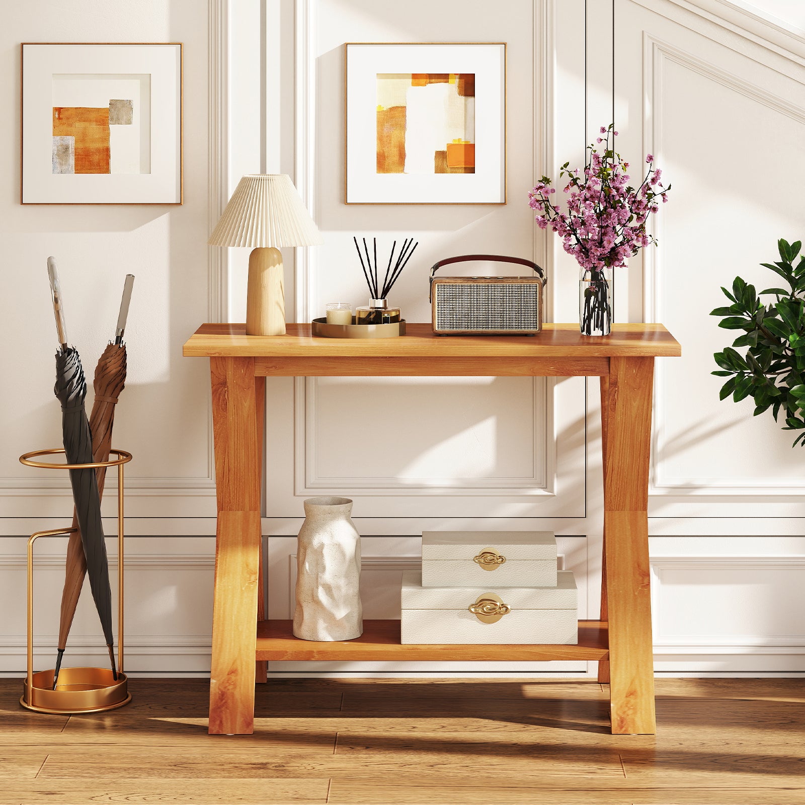 35 Inch Solid Teak Wood Console Table with Storage Shelf, Teak Floor Cabinets at Gallery Canada
