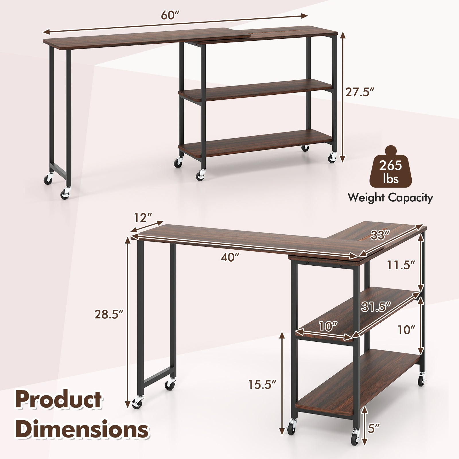 Patented Large 360-Degree Free Rotating Sofa Side Table with Wheels and Storage Shelf, Walnut End & Side Tables at Gallery Canada