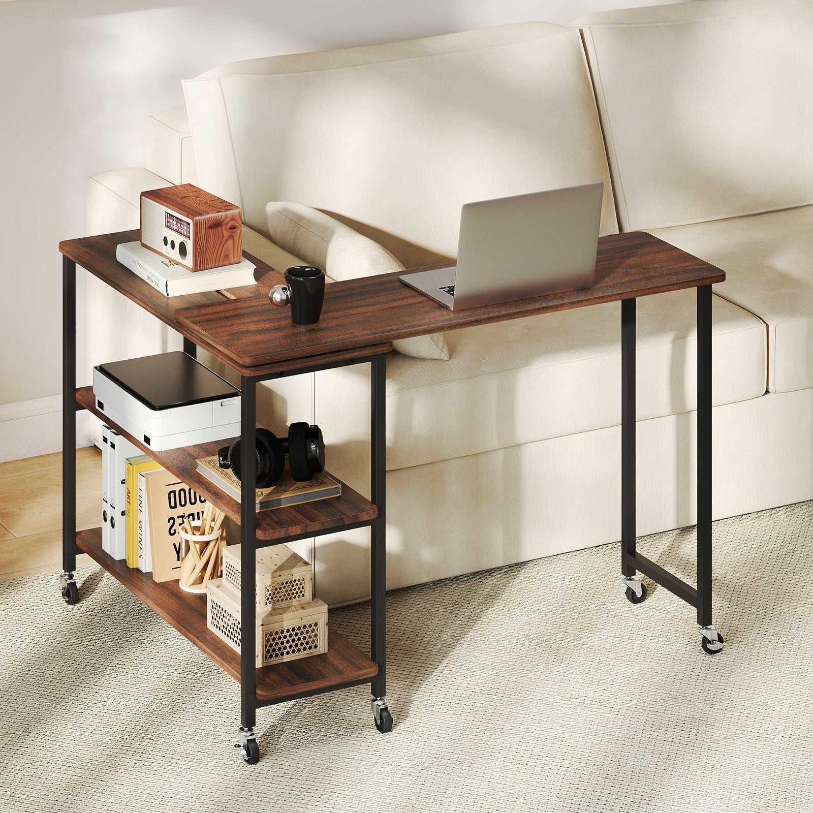 Patented Large 360-Degree Free Rotating Sofa Side Table with Wheels and Storage Shelf, Walnut End & Side Tables at Gallery Canada