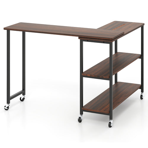 Large 360-Degree Rotating Sofa Side Table With Wheels, Storage Shelf, Walnut