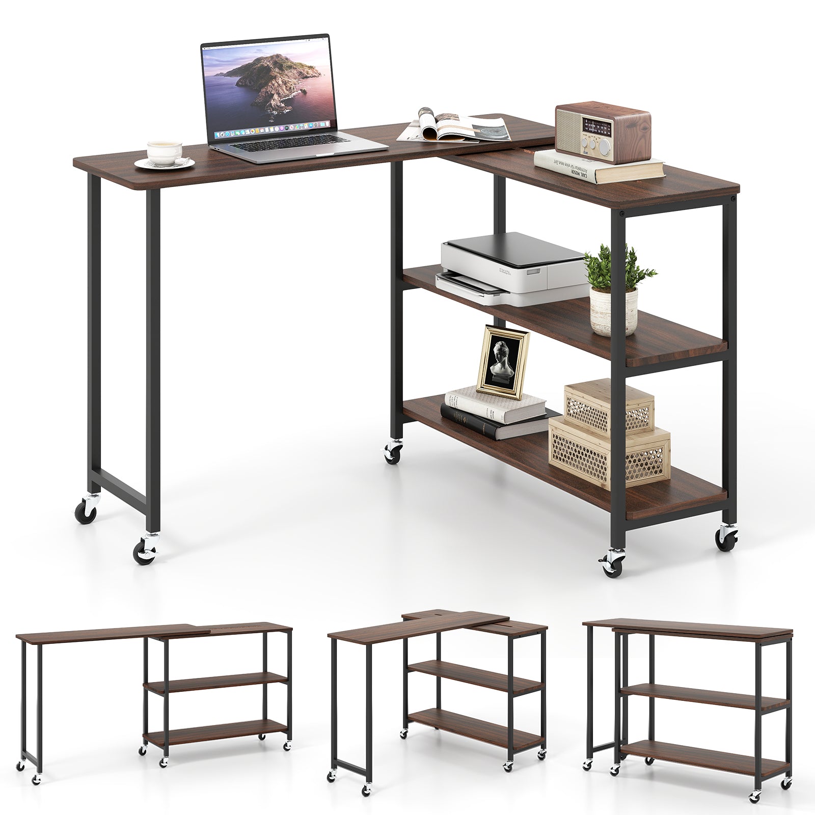 Patented Large 360-Degree Free Rotating Sofa Side Table with Wheels and Storage Shelf, Walnut End & Side Tables at Gallery Canada