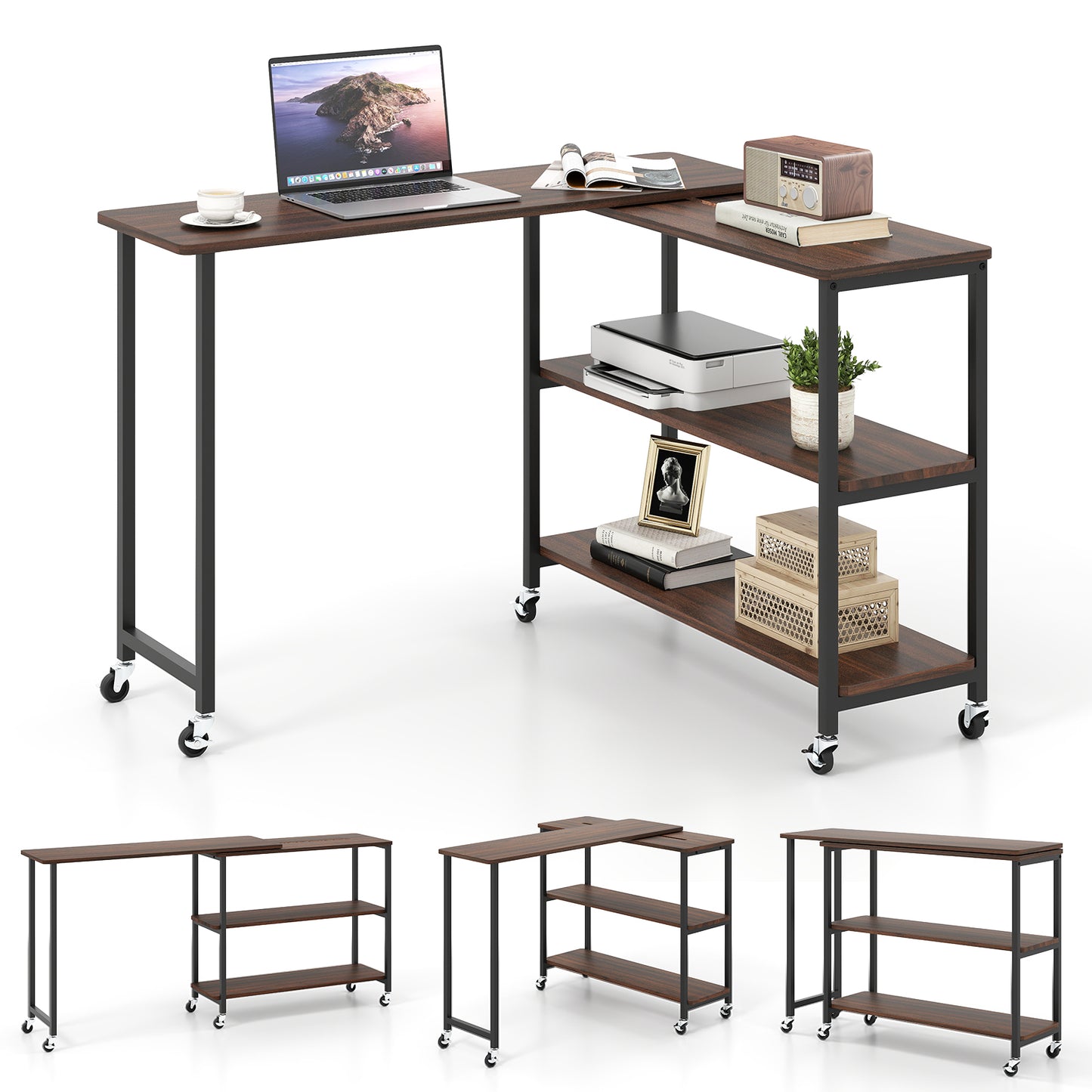 Patented Large 360-Degree Free Rotating Sofa Side Table with Wheels and Storage Shelf, Walnut End & Side Tables at Gallery Canada