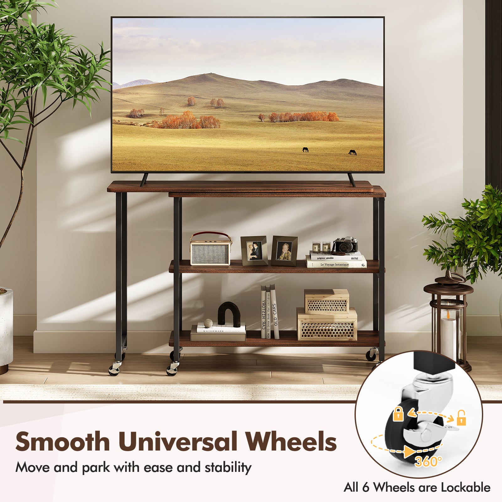 Patented Large 360-Degree Free Rotating Sofa Side Table with Wheels and Storage Shelf, Walnut End & Side Tables at Gallery Canada