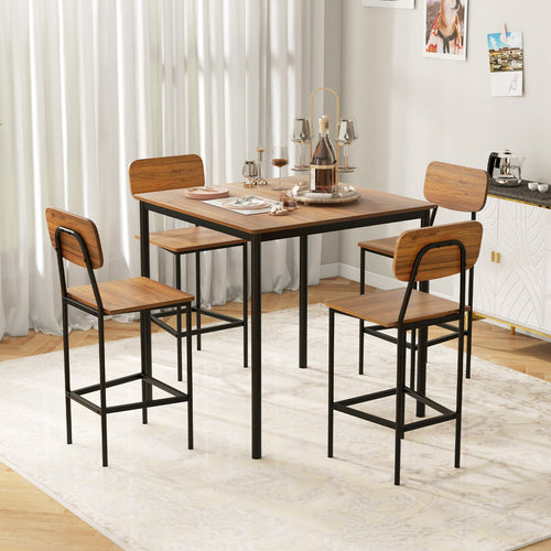 5 Pieces Industrial Dining Table Set with Counter Height Table and 4 Bar Stools, Walnut