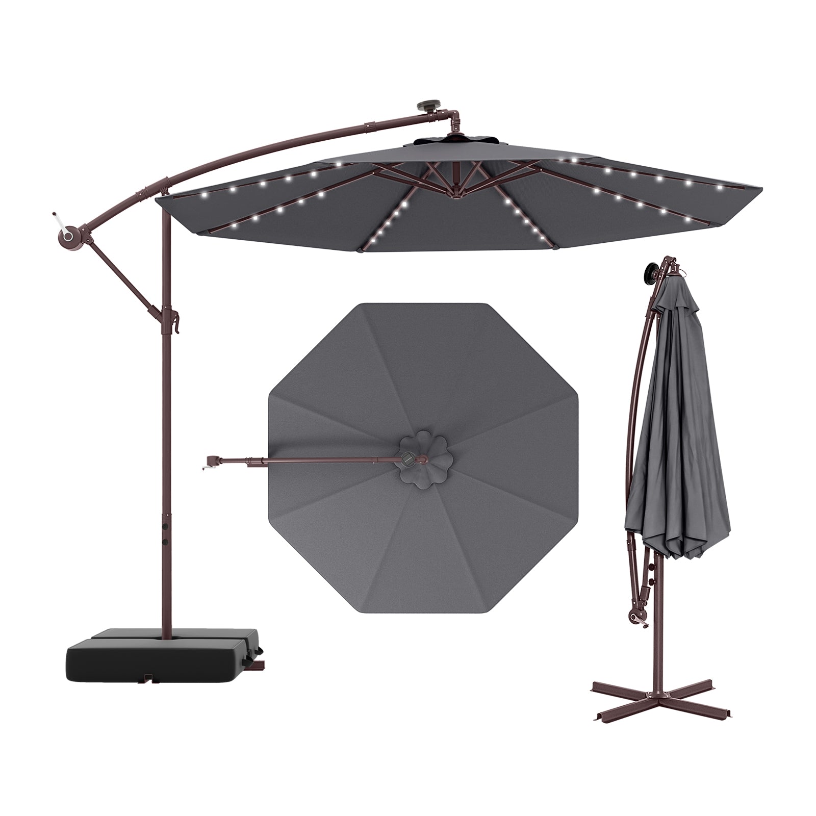 10 Ft Offset Cantilever Patio Umbrella, 40 Solar Lights, Gray Outdoor Umbrellas at Gallery Canada
