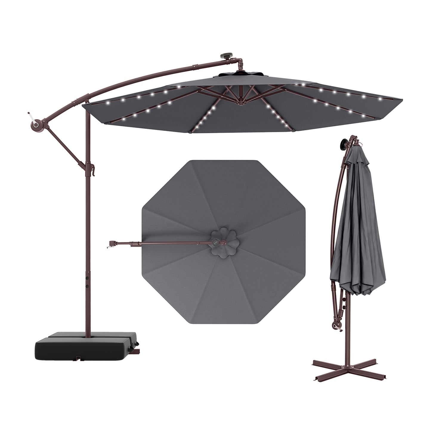 10 Ft Offset Cantilever Patio Umbrella, 40 Solar Lights, Gray Outdoor Umbrellas Gray at Gallery Canada
