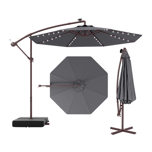 10 Ft Offset Cantilever Patio Umbrella, 40 Solar Lights, Gray